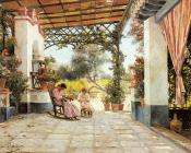 曼纽尔 加西亚 罗德里格斯 : Mother And Daughter Sewing On A Patio